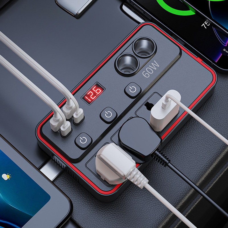 Multifunktionales Autoladegerät mit Steckdosen und USB-Anschluss