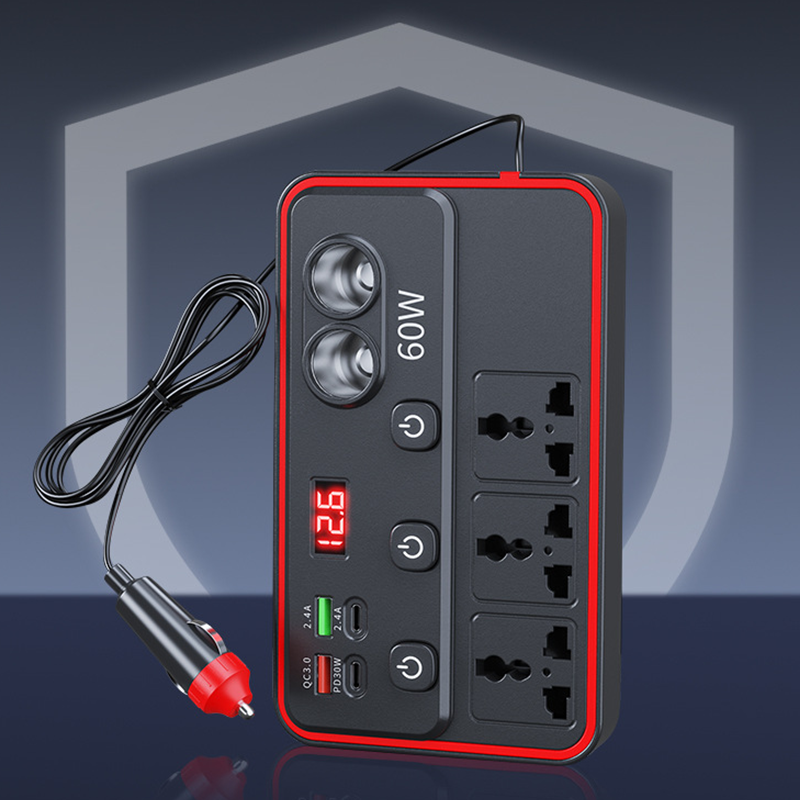 Multifunktionales Autoladegerät mit Steckdosen und USB-Anschluss
