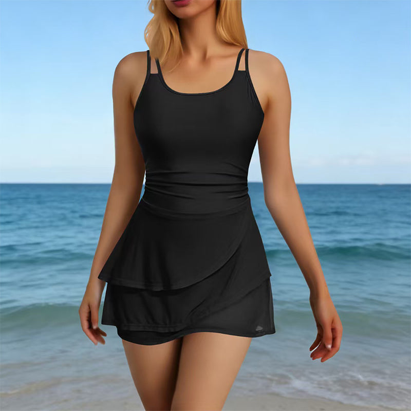 ⏰🔥NUR FÜR KURZE ZEIT: 50 % RABATT! 👙 Badeanzug mit doppelten Trägern, Raffung und Rock – schmeichelhaft, bequem und perfekt für den Sommerurlaub 🌊✨