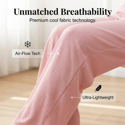 ❄️ Kühle Hochtaillierte Damenhose in Soft Rosa | Mikrorippen-Stoff & Elastischer Bund | Bequeme Sommerhose für jeden Tag
