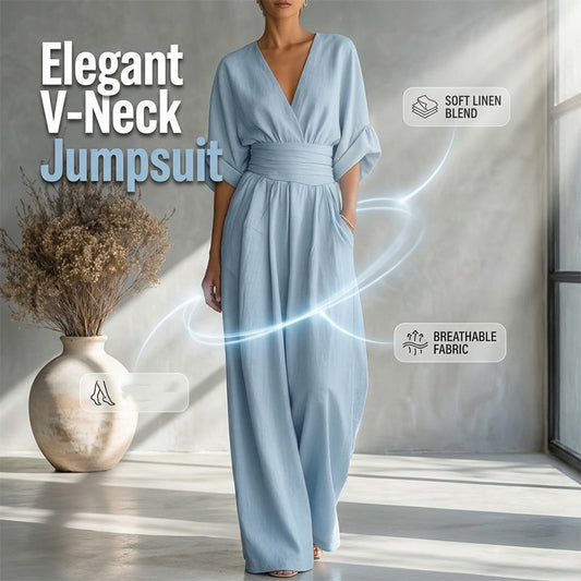 🎁👗 50% RABATT! Hochtaillierter Weitbein-Jumpsuit mit V-Ausschnitt – luftig, bequem, vielseitig – ideal für Reisen & Urlaub. 🏖️💫