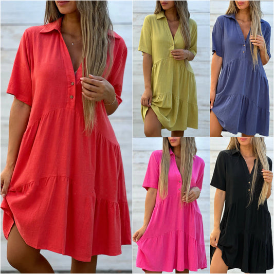 🌸 JETZT 50 % RABATT! 🌸Einfarbiges, bequemes Kleid mit Reverskragen und Knöpfen