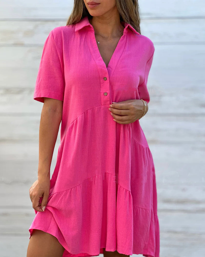 🌸 JETZT 50 % RABATT! 🌸Einfarbiges, bequemes Kleid mit Reverskragen und Knöpfen