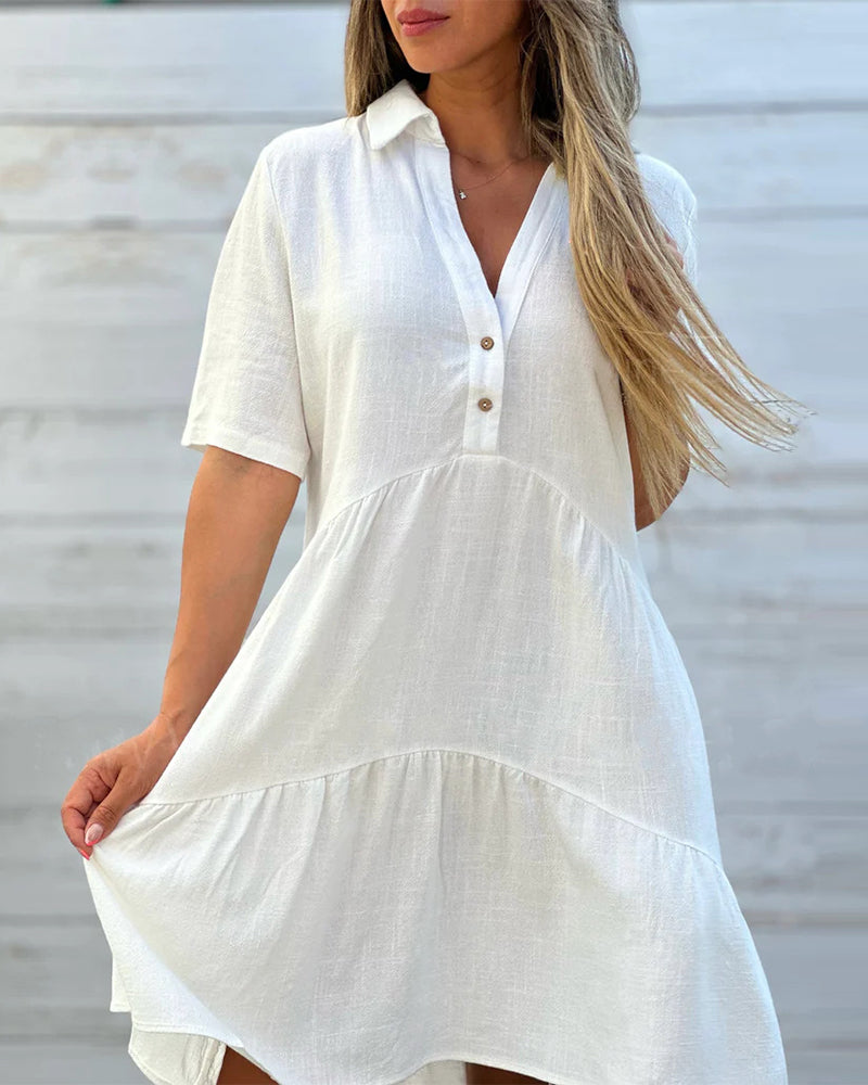 🌸 JETZT 50 % RABATT! 🌸Einfarbiges, bequemes Kleid mit Reverskragen und Knöpfen