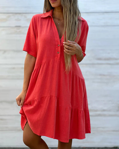 🌸 JETZT 50 % RABATT! 🌸Einfarbiges, bequemes Kleid mit Reverskragen und Knöpfen