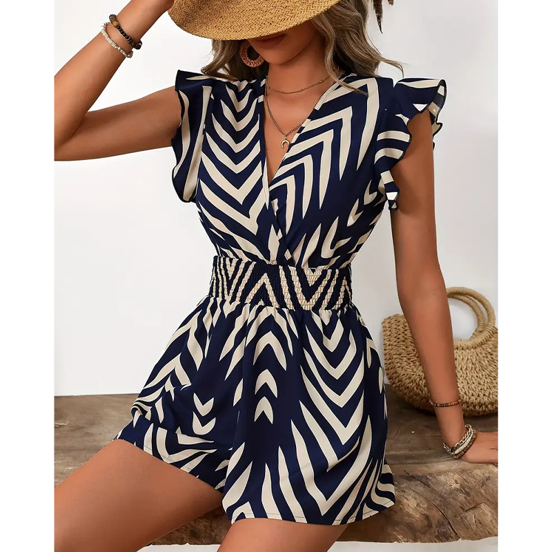 🔥 Letzter Tag! 50% Rabatt Damen Eleganter V-Ausschnitt Jumpsuit 🦋 Figurbetonter Sommer-Overall mit Rüschenärmeln für Urlaub & Alltag