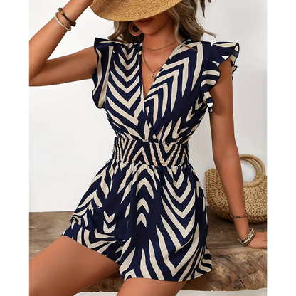🔥 Letzter Tag! 50% Rabatt Damen Eleganter V-Ausschnitt Jumpsuit 🦋 Figurbetonter Sommer-Overall mit Rüschenärmeln für Urlaub & Alltag