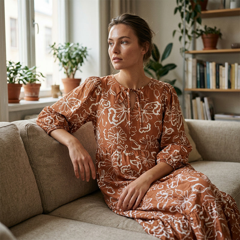 Elegantes Damen-Midikleid mit Blumenmuster und V-Ausschnitt