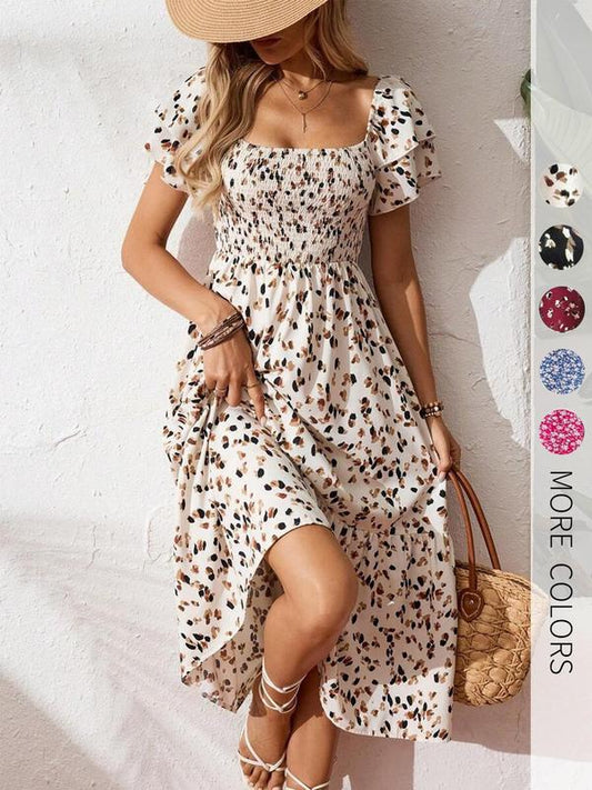 🌈 50% Rabatt! 🔥✨Quadratisches Hals Floral Midi Kleid - Räuchertes Bodice, fließender Schichtroch, Romantisch 🌸