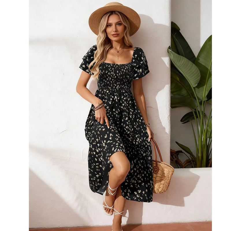 🌈 50% Rabatt! 🔥✨Quadratisches Hals Floral Midi Kleid - Räuchertes Bodice, fließender Schichtroch, Romantisch 🌸