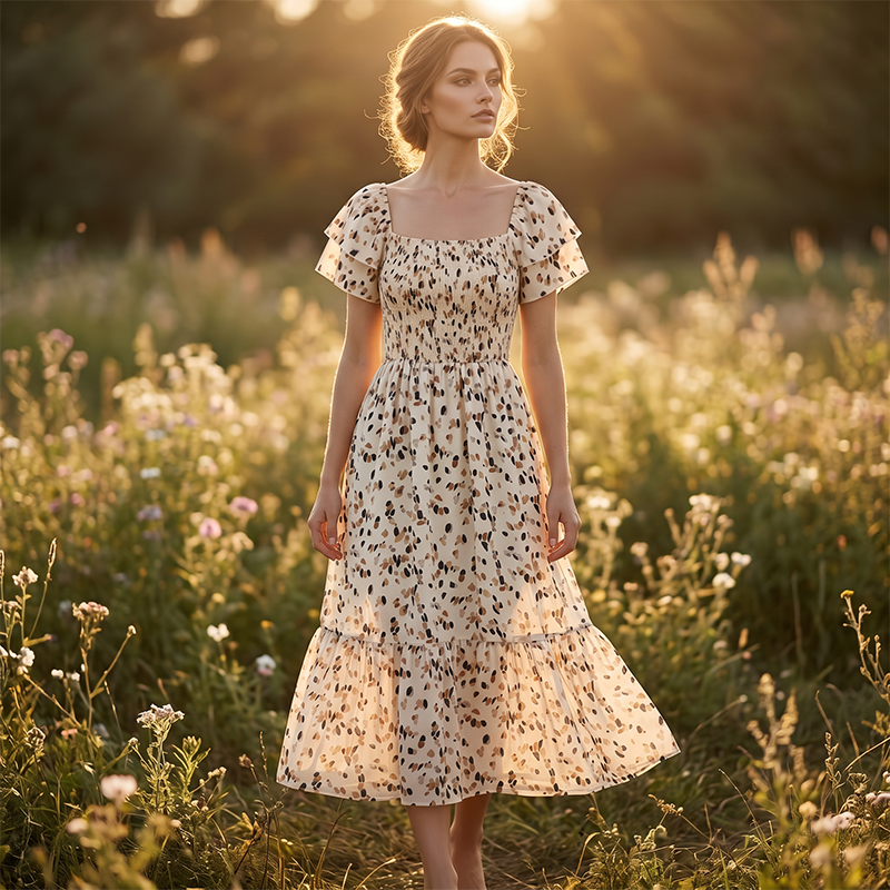 🌈 50% Rabatt! 🔥✨Quadratisches Hals Floral Midi Kleid - Räuchertes Bodice, fließender Schichtroch, Romantisch 🌸