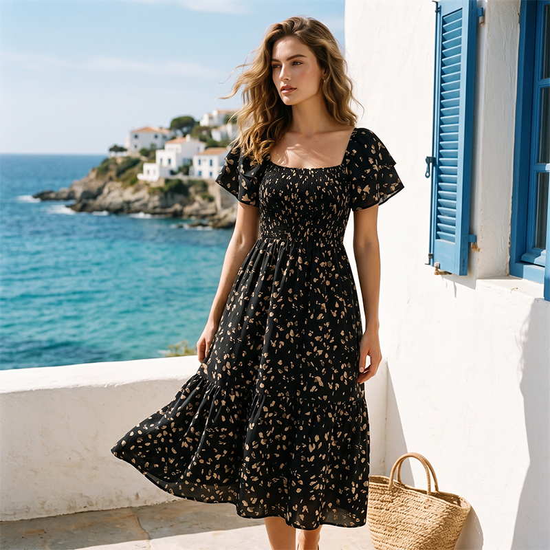 🌈 50% Rabatt! 🔥✨Quadratisches Hals Floral Midi Kleid - Räuchertes Bodice, fließender Schichtroch, Romantisch 🌸