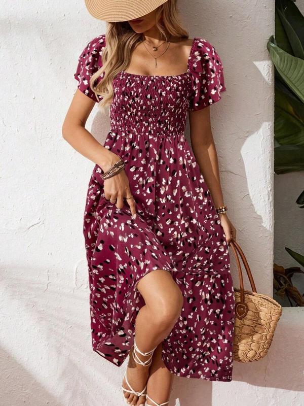 🌈 50% Rabatt! 🔥✨Quadratisches Hals Floral Midi Kleid - Räuchertes Bodice, fließender Schichtroch, Romantisch 🌸
