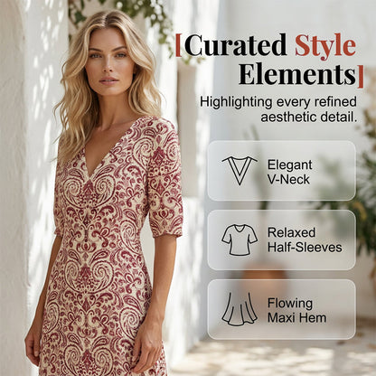 ⏰ 50 % RABATT – Nur für kurze Zeit ✨👗 Damen-Maxikleid mit V-Ausschnitt & Print – kurzärmelig, leicht & vielseitig für Alltag, Strand & Urlaub
