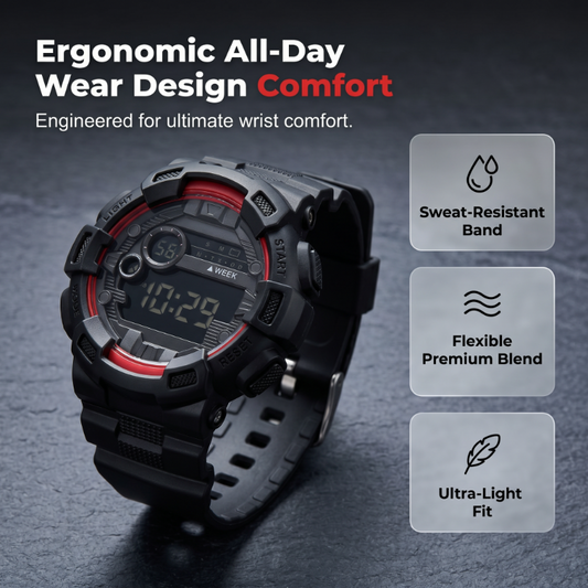 ⌚ Digitale Smartwatch mit großem Display und LED-Hintergrundbeleuchtung – gut lesbar bei Sonnenlicht und Dunkelheit, leicht und robust.