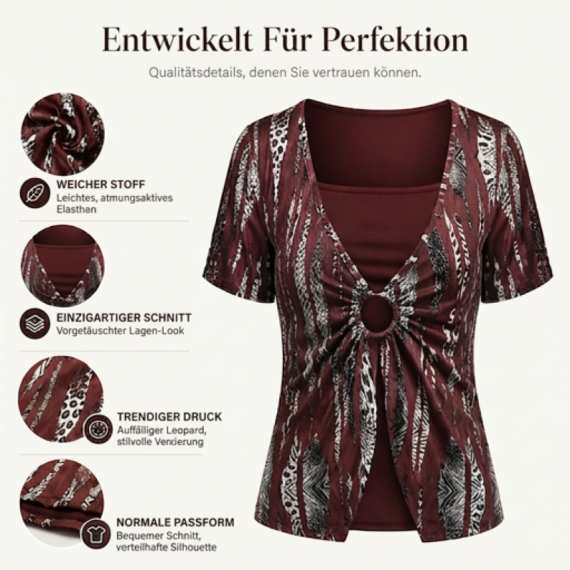 Zweiteiliges Damen-T-Shirt mit Leopardenmuster und O-Ring