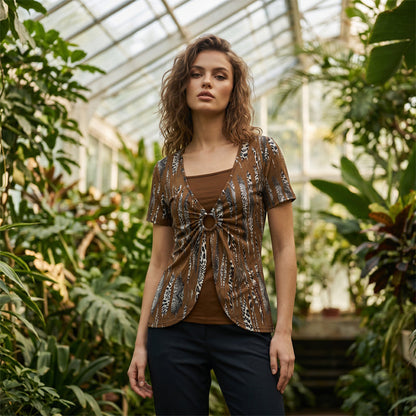 Zweiteiliges Damen-T-Shirt mit Leopardenmuster und O-Ring