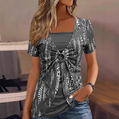 Zweiteiliges Damen-T-Shirt mit Leopardenmuster und O-Ring