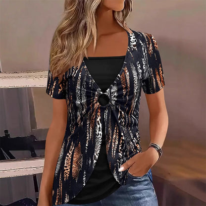 Zweiteiliges Damen-T-Shirt mit Leopardenmuster und O-Ring