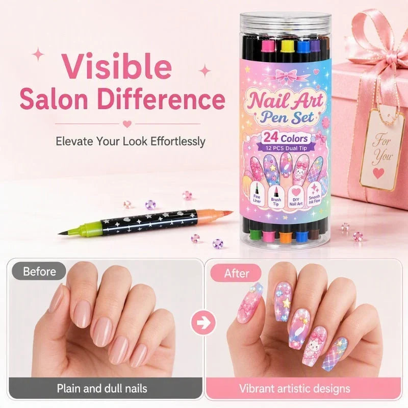 💅 24-farbige Nagelkunststifte mit zwei Spitzen – Einfache DIY-Nageldesigns