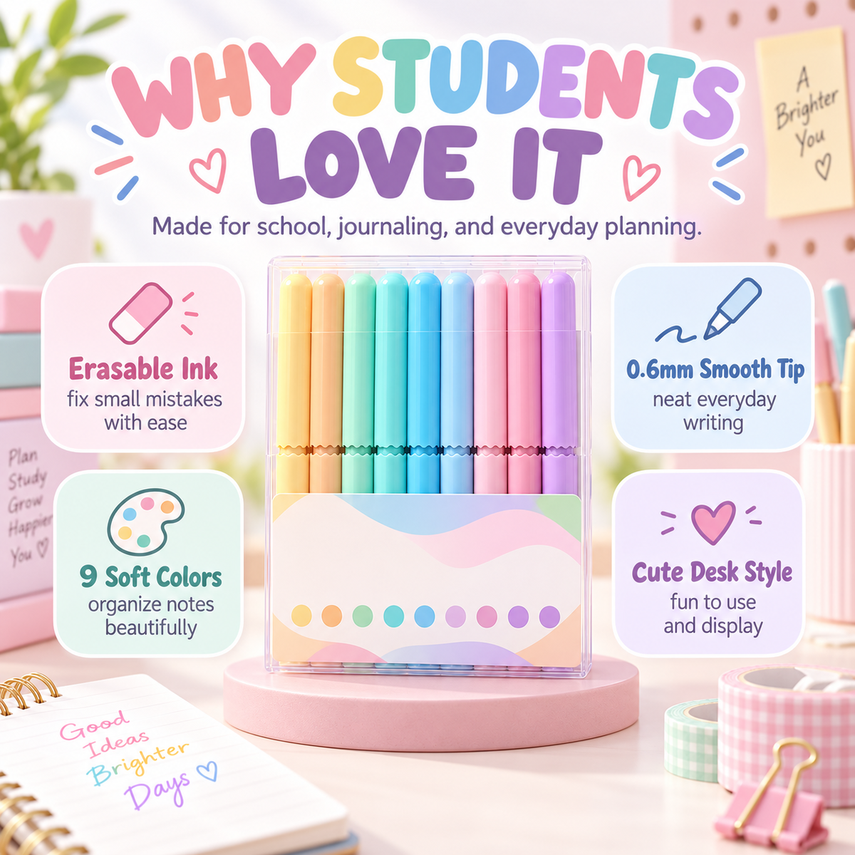 ✏️ 9er-Set Radierbarer Gelstift | 9 Farben mit Aufbewahrungsbox | Glättendes Schreiben für Büro & Schule