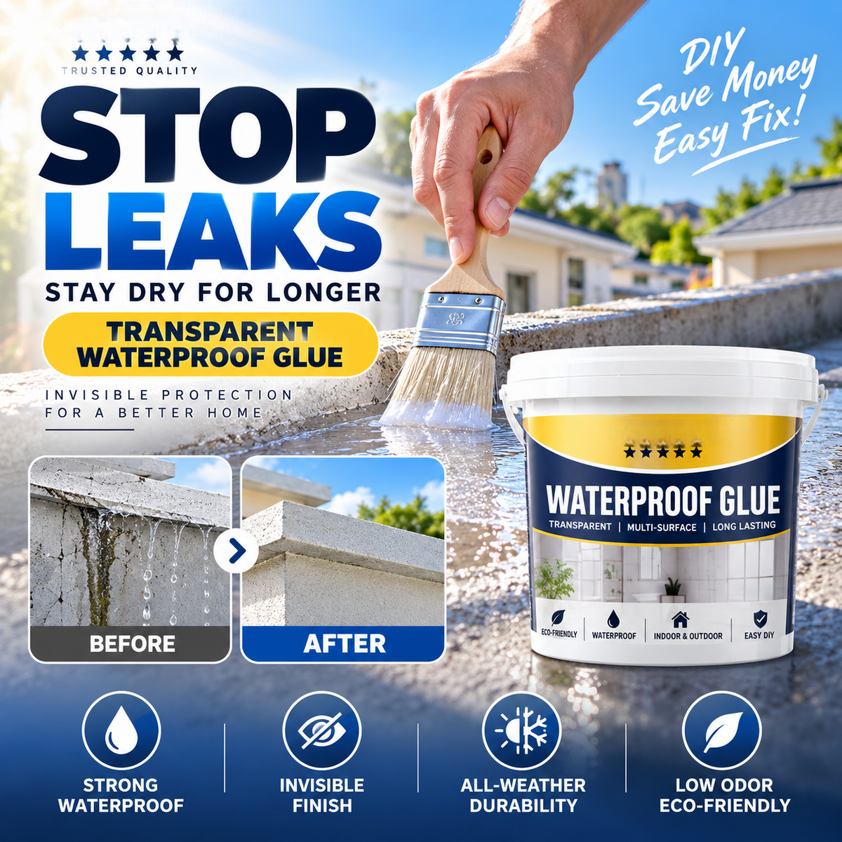 Transparenter, wasserdichter Klebe- und Dichtstoff zur Abdichtung von Leckagen in Bad, Küche, Dach und Fensterbank – inklusive Pinsel