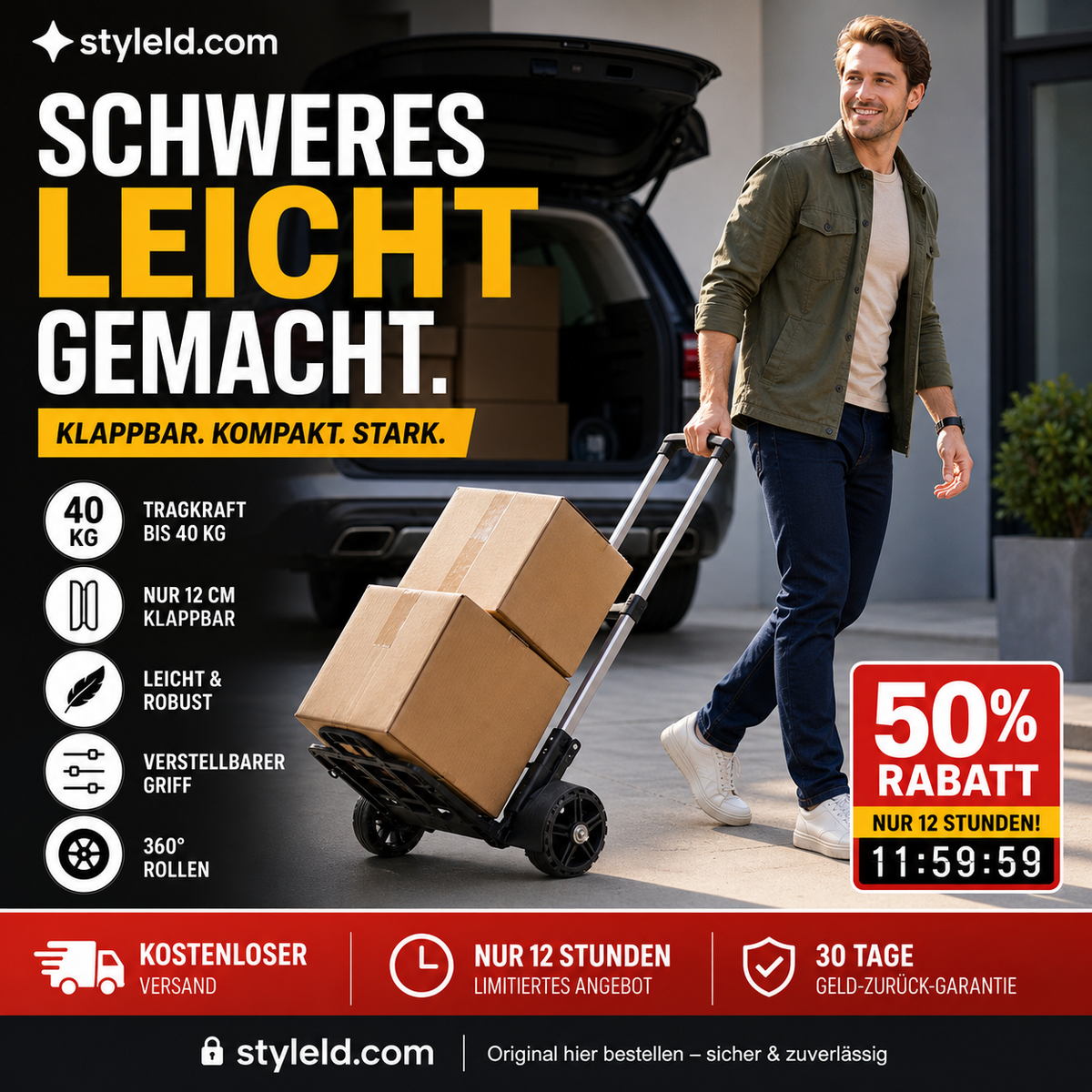 🛒📦 Klappbarer Handwagen – 40 kg, leicht, platzsparend – ideal für Umzug, Einkauf & Werkstatt! 💪