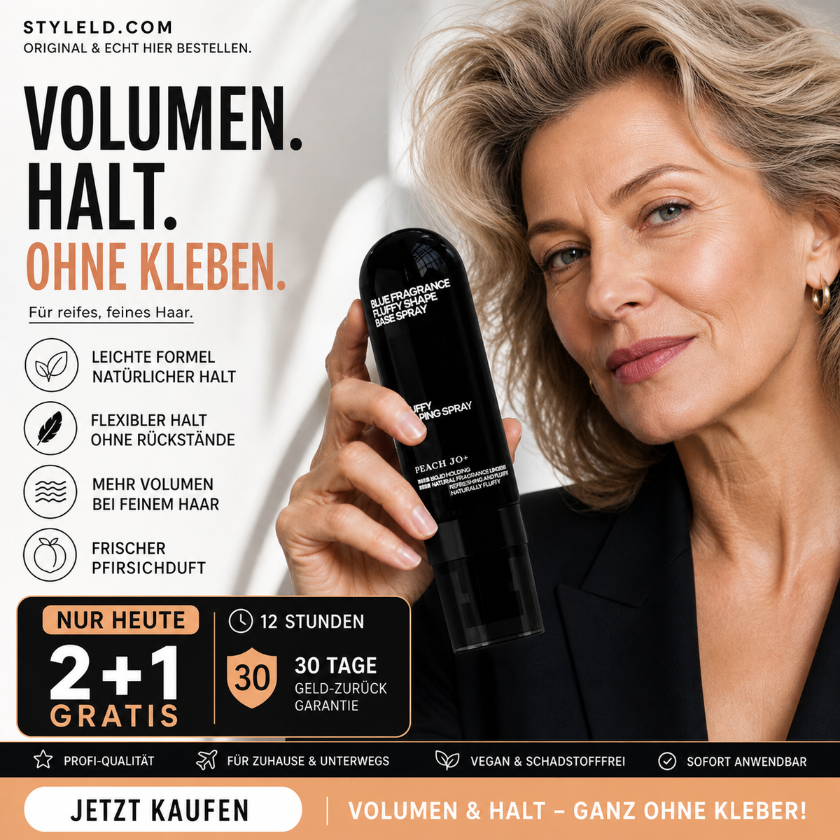 🍑✨Haar‑Volumen‑Spray mit Pfirsichduft, langanhaltend, gibt mehr Fülle, leichtes Styling‑Spray für glattes, flaches Haar