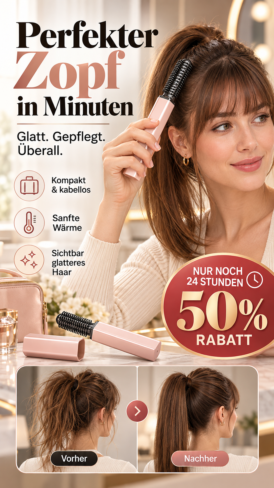 🏆 Letzter Tag: 50 % Rabatt! 👩 Stylen Sie Ihr Haar in Sekundenschnelle! Kreieren Sie jederzeit und überall wunderschöne Frisuren. 💁 Tragbarer, kabelloser Mini-Ponykamm