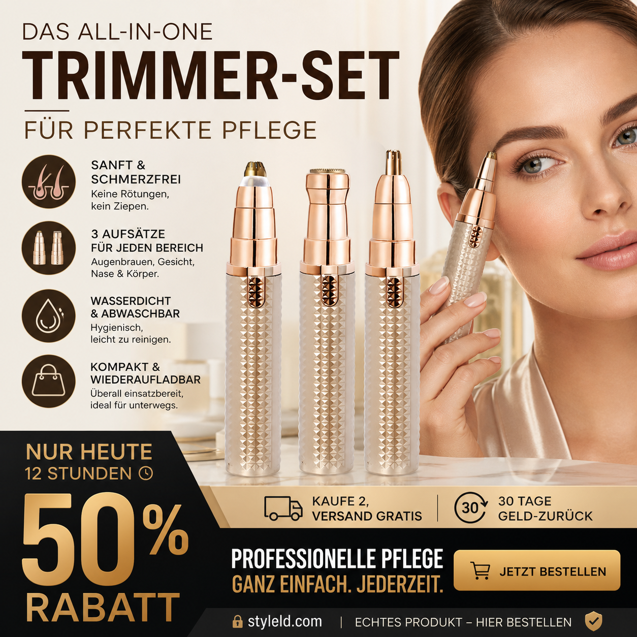 💆 LIMITIERTER 50% RABATT! 3-in-1 wiederaufladbarer Elektrischer Trimmer – Für Augenbrauen, Nasenhaare & Gesichtsbehaarung, USB-Ladung