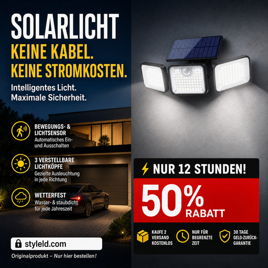 ☀️🔋 LIMITIERTES ANGEBOT: 50% RABATT – 3-Kopf Solar-Sicherheitsleuchte mit Bewegungsmelder, 360° einstellbar & wetterfest 💡🏠 Perfekt für Einfahrt, Garage & Garten – Keine Stromkosten, automatische Aktivierung bei Dunkelheit.