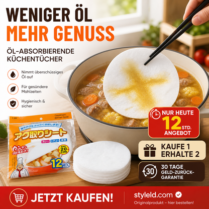 🍳💧 Öl-Fett-Absorber – 12 Blätter, saugt überschüssiges Fett auf – für leichtere Mahlzeiten! 🌿