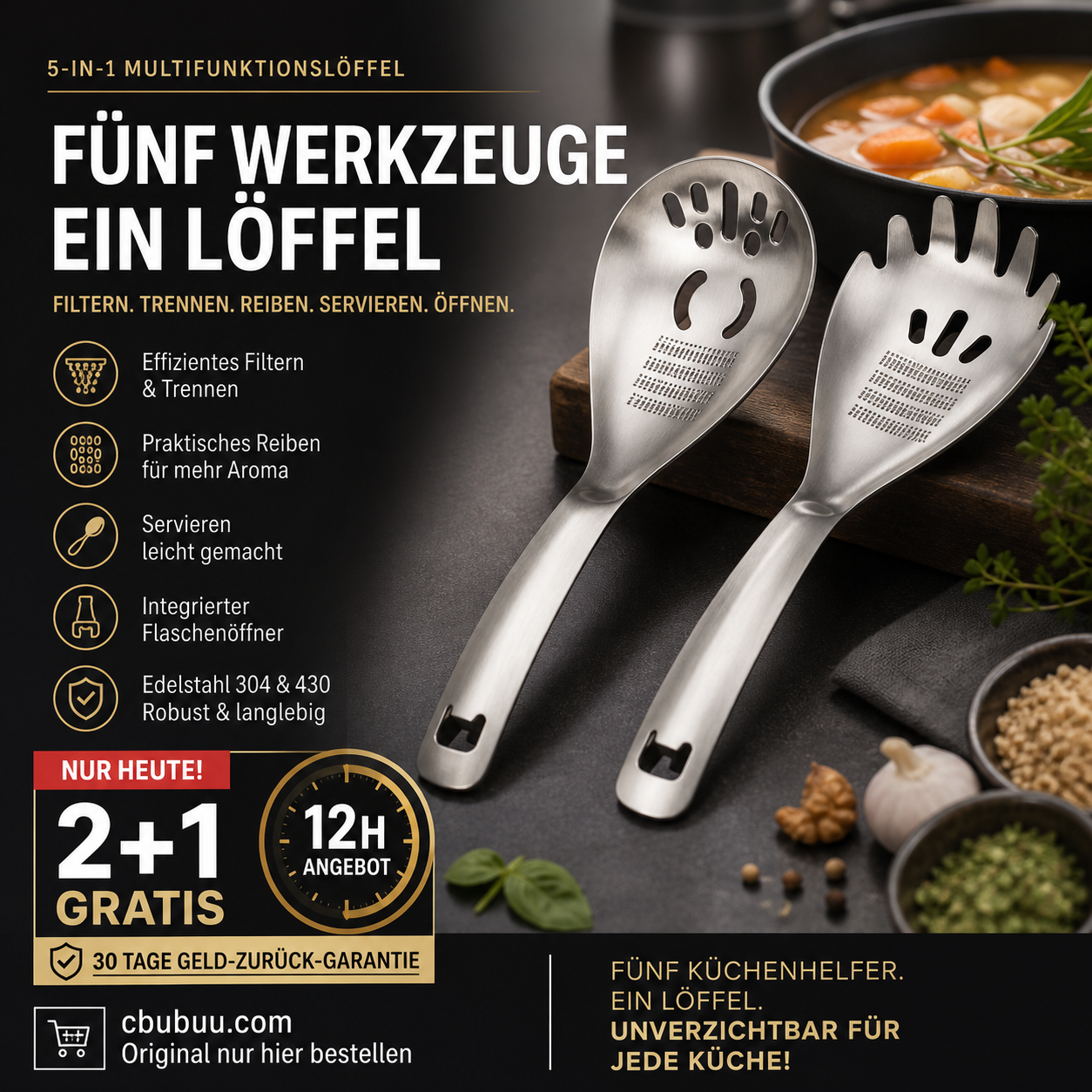 🥄 50% RABATT! 🍳 Multifunktionaler Edelstahl-Küchenlöffel – Vielseitig, robust & leicht zu reinigen – Ideal für Kochen, Servieren & Abtropfen ✨