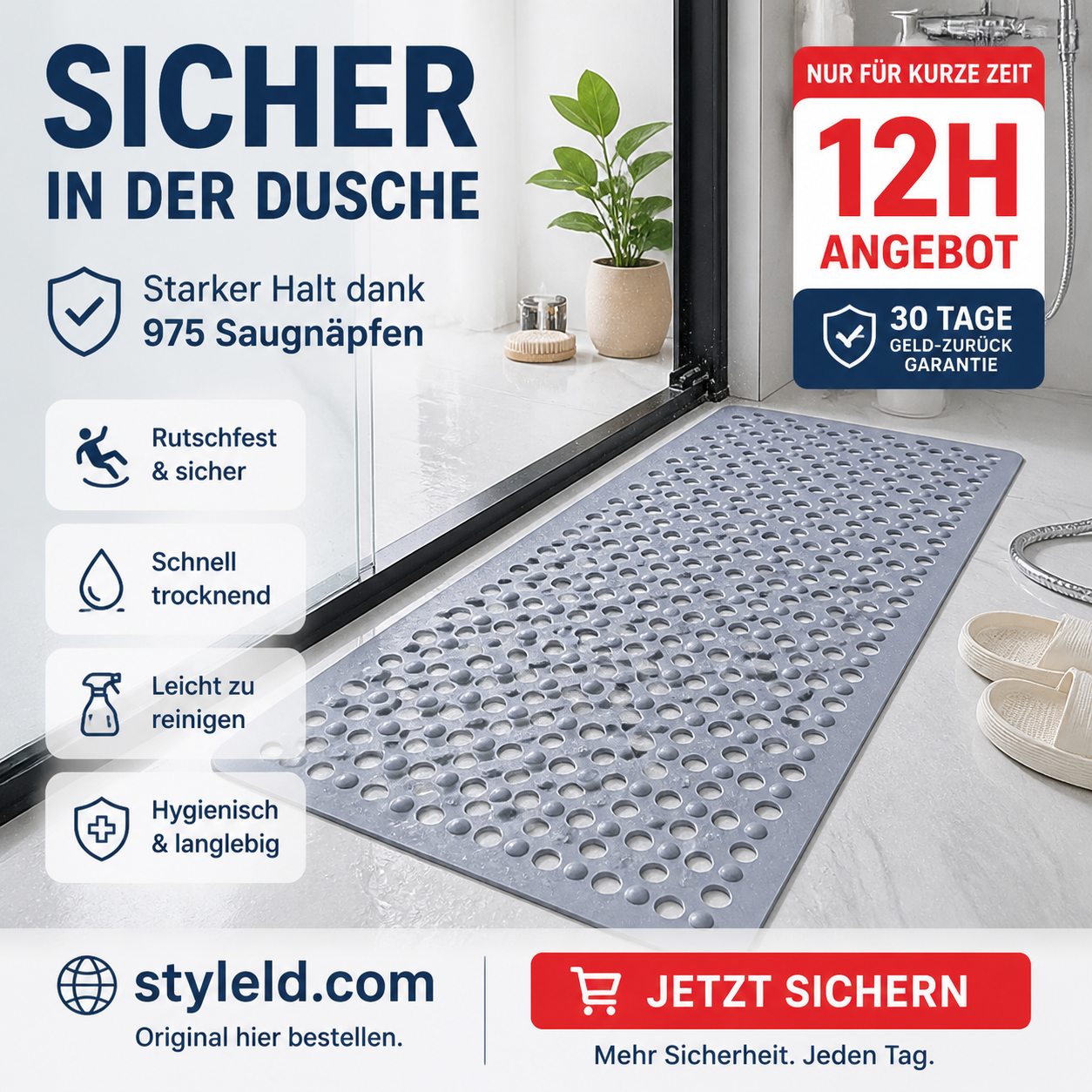 🚿 50% RABATT! 🛁 Rutschfeste Badezimmermatte mit Saugnäpfen – Ideal Für Dusche, Bad & WC, Schützt Vor Stürzen & Leicht Zu Reinigen 🧼