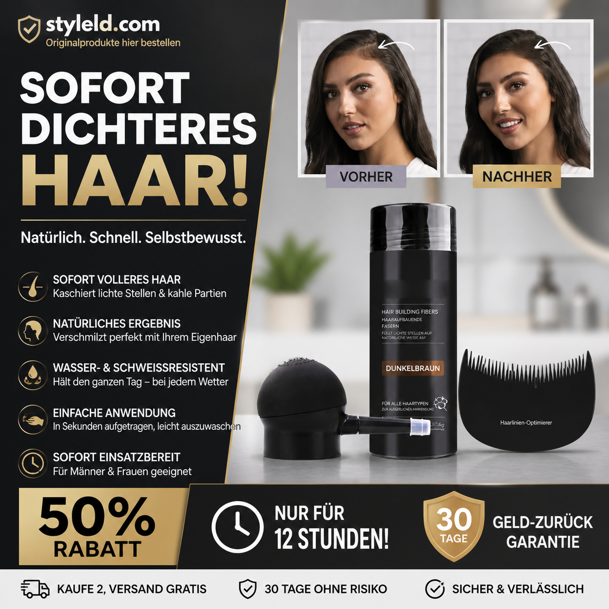 💆‍♀️💯 Haarfasern-Set – kaschiert kahle Stellen, wasserfest & natürlich – sofort mehr Volumen! ✨